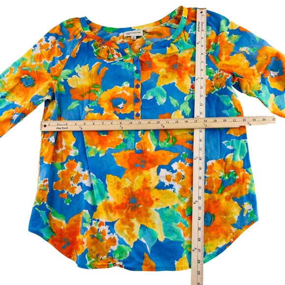 Jones‎ New York Sport Floral Blouse XL 100% Cotton Womens 3/4 Sleeve Blue Orange - Picture 2 of 5